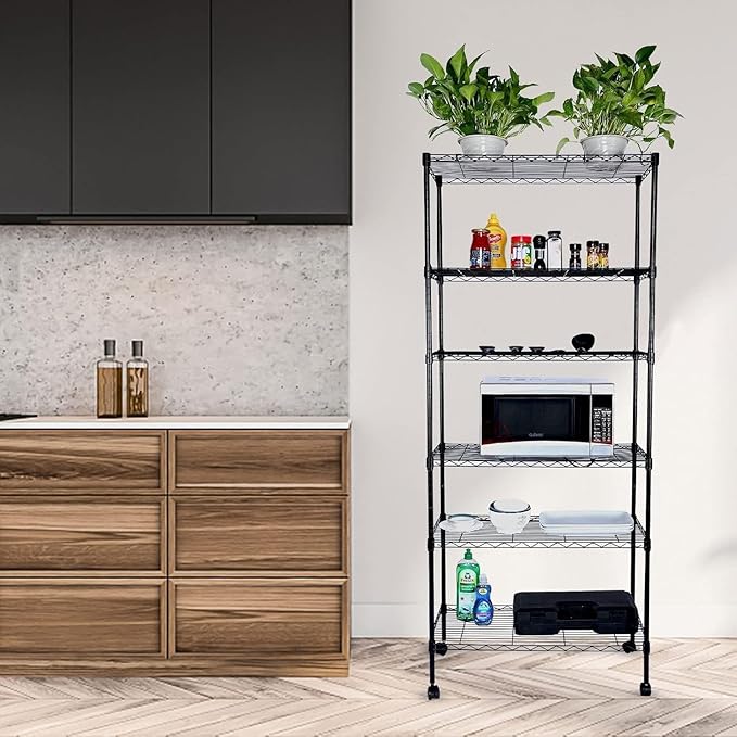 Simple Deluxe Heavy Duty 6-Shelf Shelving, 29.92'' D x 13.98'' W x 71.65'' H Adjustable Wire Shelving with Hanging Hooks and Wheels, Black
