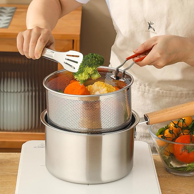 Pasta Strainer Set of 2, Stainless Steel Noodle strainer with Removable Handle Metal Pasta Strainer Basket Deep Fryer Basket, Kitchen Colander for Washing Draining Deep-frying Boiling Steaming(20cm)