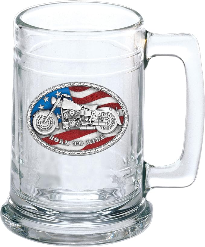 Heritage Pewter Motorcycle Beer Stein Glass | 15 Ounce German-Style Beer Glass | Intricately Crafted Metal Pewter Inlay
