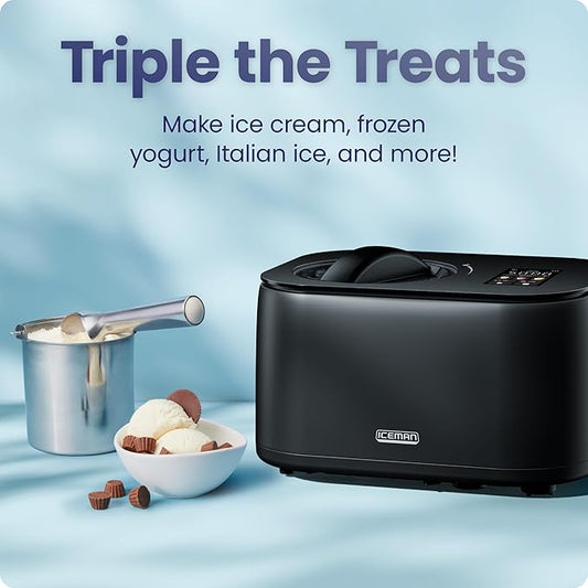 Iceman by Chefman Ice Cream Maker, No Pre-Freezing with Built-In Compressor, Makes Ice Cream, Froyo, Sorbet, Sherbet, Italian Ice, Frozen Yogurt, Digital Display w/ 3 Presets, 2 Pint Inserts Included