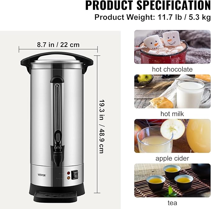 VEVOR Commercial Coffee Urn, 110Cups/16.5L Stainless Steel Large Coffee Dispenser, 1500W 110V Electric Coffee Maker Urn For Quick Brewing, Hot Water Urn for Easy Cleaning