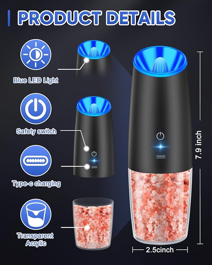 RECHARGEABLE - Gravity Electric Pepper and Salt Grinder Set, Adjustable Coarseness, With LED Light, One Hand Automatic Operation, Stainless Steel Black, (2 Pack Black)