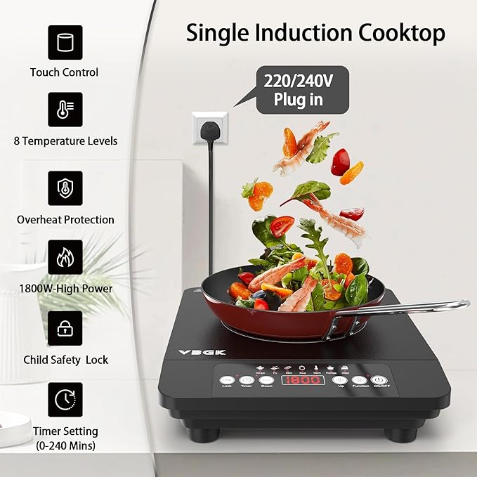 VBGK Single Burner Induction Cooktop,1800W Portable Induction Cooktop,110V Hot Plate with LCD Sensor Touch, 7 Temp Levels up to 518°F, Safety Lock, 4-Hour Timer, 9 Heat-Resistant Cooking