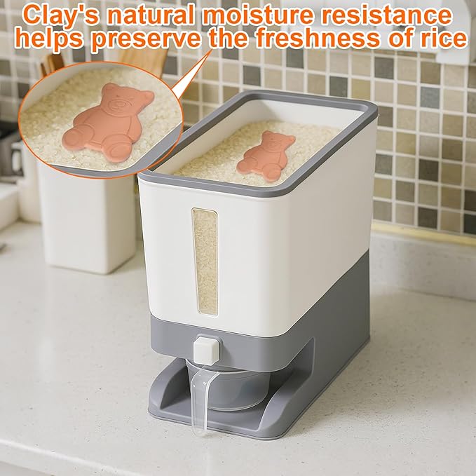 Mity rain Rice Dispenser 20-25 Lbs with Moisture Absorbing Clay, Rice Storage Container with Measuring Cup, Cereal Containers Storage Airtight for Kitchen Pantry Organization