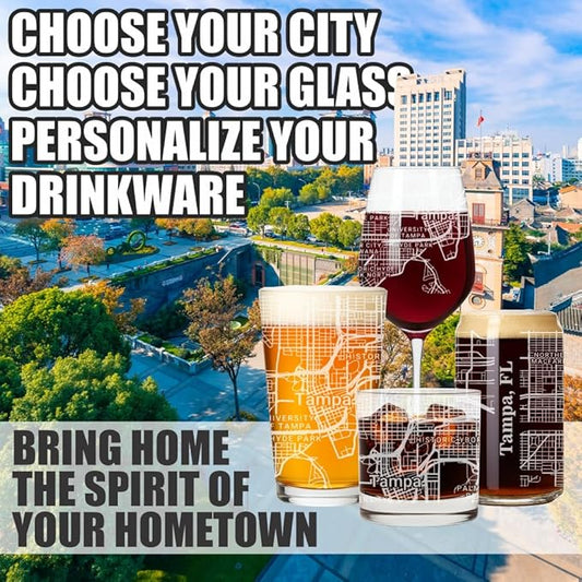 Blue Ridge Mountain Gifts - Tampa Souvenir - Florida Glassware Gift, Etched City Map, Laser Engraved and Dishwasher Safe