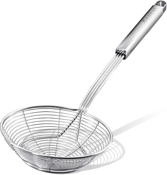 Anaeat Stainless Steel Spider Strainer Skimmer - Solid Kitchen Strainer Ladle with Long Handle for Cooking and Frying, Reinforced Double Coil Slotted Spoons for Pasta, Noodle, Spaghetti (7 Inch)