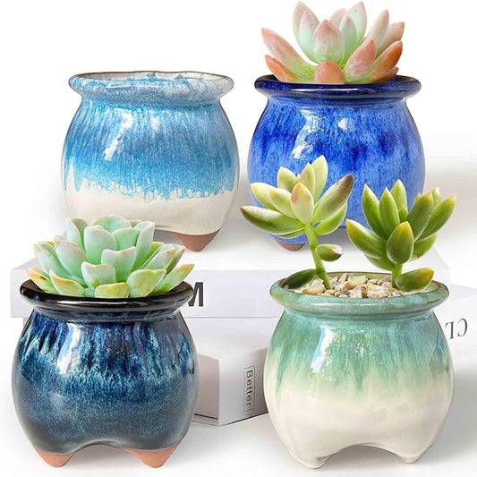 4PCS Small Ceramic Succulent Pots，Cute Glazed Handcraft Succulent Planters with Drainage Hole，3.8 inch Pots for Plants