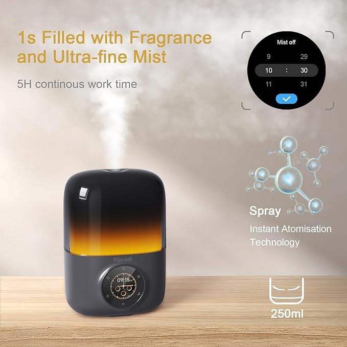 Kipcush Essential Oil Diffuser, 250ML Humidifier withWhite Noise Machine, LED Mood Lighting, TouchScreen,Timer, Auto-Off