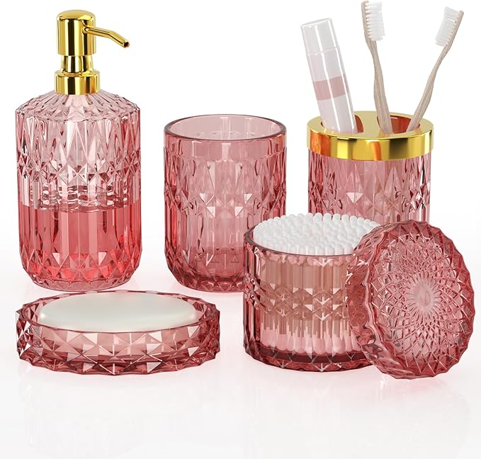 New Pink Bathroom Accessories Set, 5 Pcs Clear Glass Bathroom Accessories Sets with Lotion Soap Dispenser, Soap Dish, Toothbrush Holder, Bathroom Tumbler, Cotton Swab Jars, Perfect for Bathroom Decor