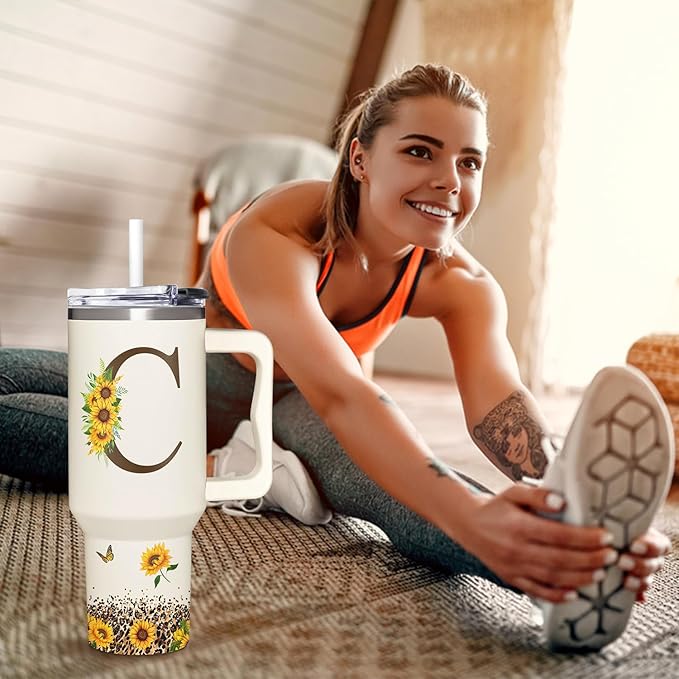Personalized Birthday Gifts For Women - Sunflowers Monogrammed Cup For Boss Day, Christmas - Customized Gifts For Women, Mom, Wife, Coworkers, Boss Lady, Her - Custom Tumbler With Handle 40oz