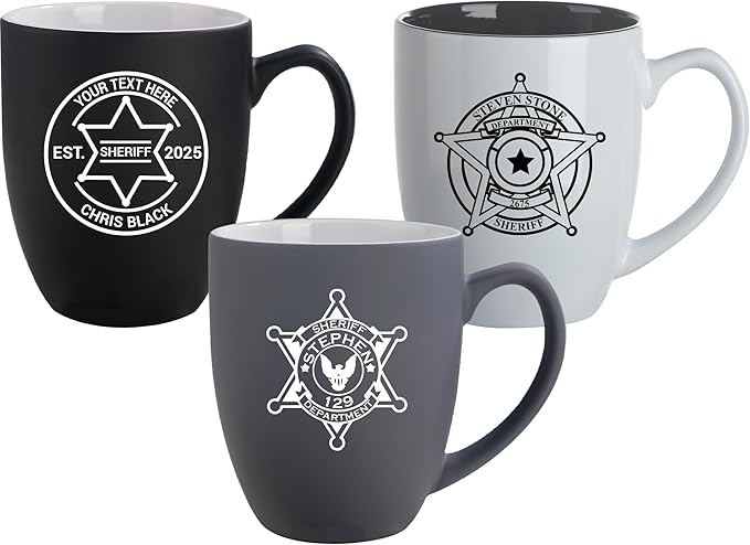 Personalized Coffee Mug with Sheriff Badge for Law Enforcement, Custom Name and Number, 16oz Engraved Coffee Cup, Custom Sheriff Gift For Men Dad Father's Day PD Police Officer