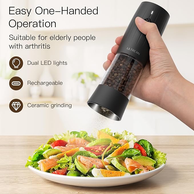 Ultrean Electric Salt and Pepper Grinder Set Rechargeable Automatic Pepper Mill Shakers Adjustable Coarseness Larger Capacity with Led Kitchen Appliances for New House Warming Gifts
