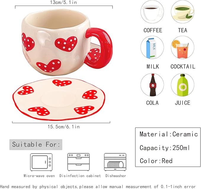 Coffee Mug Set with Saucer Cute Red Hearts Cup Gifts for Women for Birthday Tea Coffee Mug Saucer 250 ML Ceramic Cup Birthday Gift for Women Girls Mom Friend Coffee Mug aucer Set