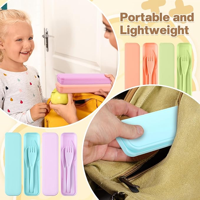 Jinei 50 Sets Reusable Travel Utensils Set with Case Wheat Straw Cutlery Portable Spoon Knife Forks Lunch Box Accessories Friendly Tableware for Kids Adults Camping Utensils(Macaron Color)