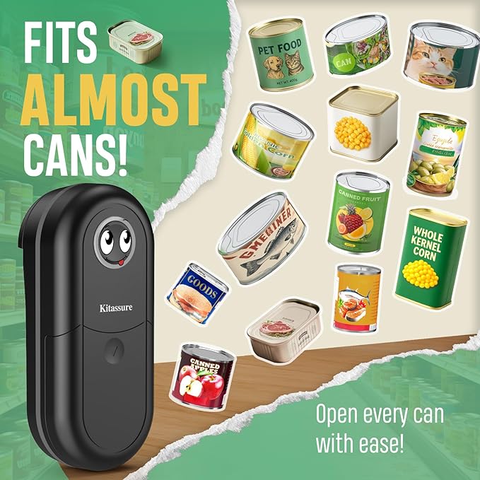 Handsfree One Touch Electric Can Opener Easy and Fast Flex Side Cut All Can Sizes, Automatic Handheld Battery Operated Kitchen Gadget Gift with Smooth Edge Safety for Seniors & Arthritis