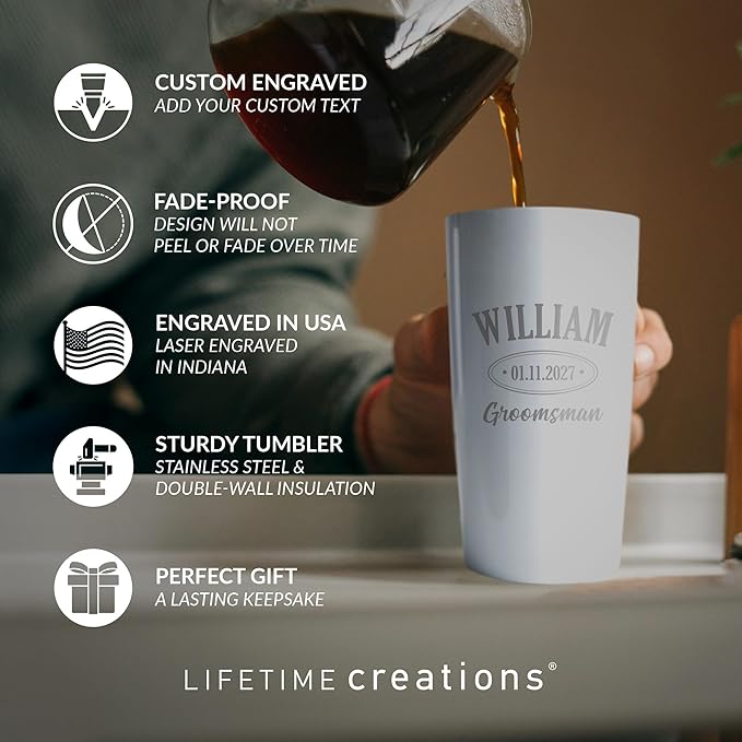 Lifetime Creations Engraved Personalized Groomsman Tumbler (White) 20 oz - Engraved Groomsman Stainless Steel Tumbler Coffee Travel Mug