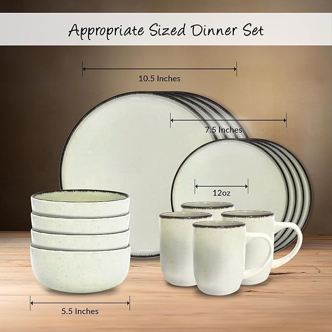 Gusto Buono 16-Piece Nordic Stoneware Dinnerware Set – Green Pistachio w/Antique Border | 4 Each of Bowls (5.5"), Salad Plates (7.5"), Dinner Plates (10.5"), and Mugs (12oz)|For All Occasions