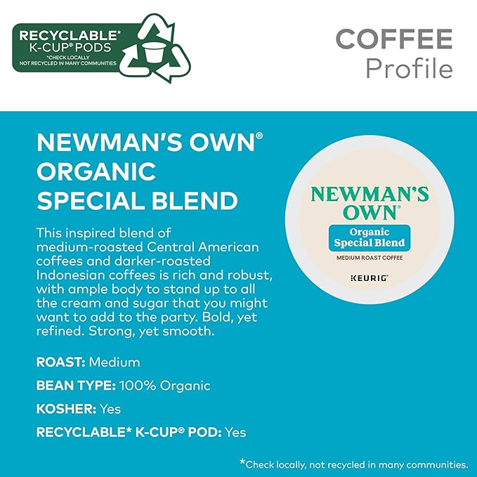 Newman's Own Organic Special Blend, Keurig Single Serve K-Cup Pods, Medium Roast Coffee, 60 Count, (6 Packs of 10)