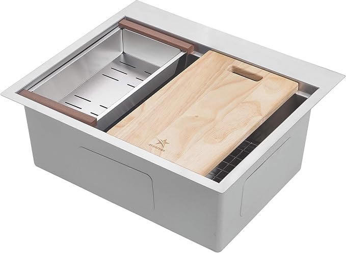 STARSTAR Workstation Ledge Topmount/Drop-in Single Bowl 304 Stainless Steel Kitchen/Yard/Bar/Laundry/Office Sink, With Grid, Colander, Cutting Board, Strainer (21 x 20 x 10 Wood Colander)