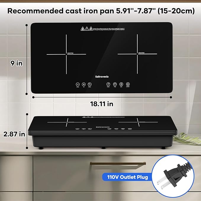 1800W Portable 2 Burner Countertop Electric Stove with Touch Control, Cross-Line Panel Design, 8 Power Levels, Timer, Safety Lock, Compatible with Magnetic Cookware