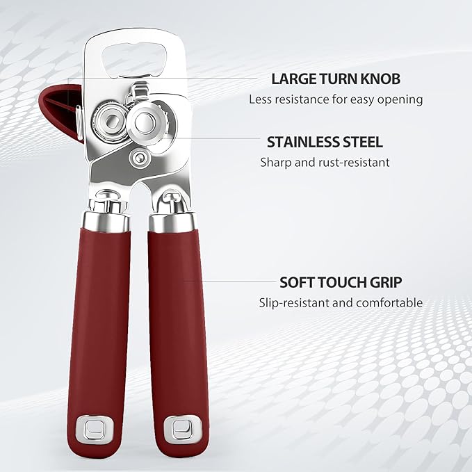 Can Opener Manual, Heavy Duty Stainless Steel Smooth Edge Can Opener With Soft Touch Handle, Oversized Handheld Easy Turn Knob, Multi-Function Bottle Opener, Red
