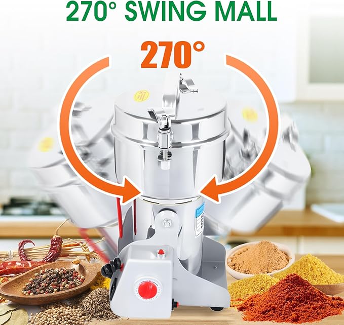 750g Commercial Grain Grinder - 2000W Heavy-Duty Electric Mill for Coffee, Spices, Nuts & Grains | 28000 RPM | Industrial Stainless Steel | 5 Blades System | for Home & Restaurant Use
