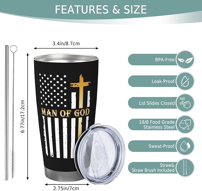 Man of God Gifts for Men, Religious Coffee Mugs, Christian Travel Mug, 20oz Coffee Tumbler, Religious Coffee Mugs