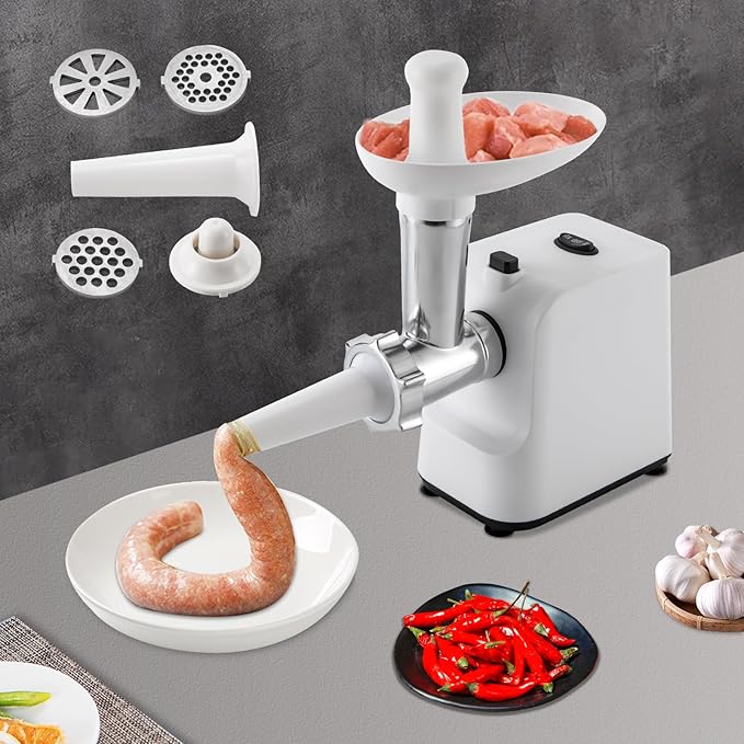 Meat Grinder, 1000W Electric Grinder For Meat with Attachments, Stainless Steel Sausage Maker Machine Kubbe Kit with 3 Grinding Plates Automatic Meat Grinder for Home & Kitchen (White)