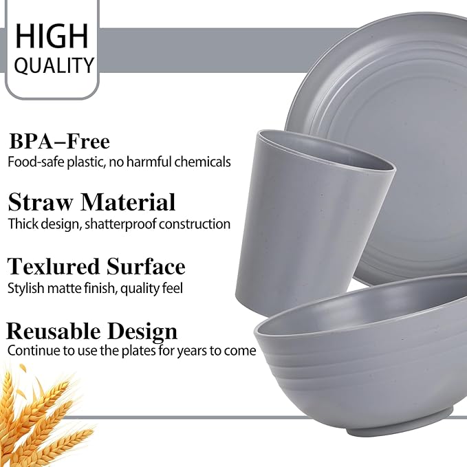 LIYH 16 Pcs Grey Wheat Straw Dinnerware Sets Unbreakable Dinnerware Sets for 4 Plates and Bowls Set Plastic Plates Reusable Straw Tableware Dish Set for 4 Include Plate Bowl Cup