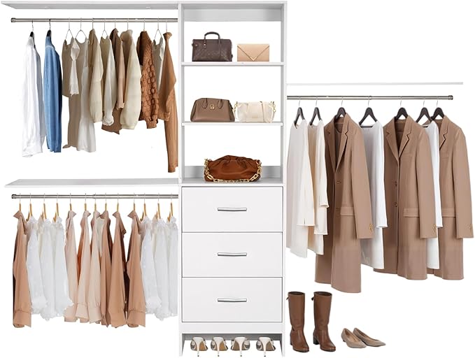 VEVOR Closet System with 3 Drawers, Adjustable Height Wooden Closet Organizers, Modern Walk-in Wardrobe Organization with 3 Retractable Clothes Hanger Rods, Freestanding Garment Rack Storage, White