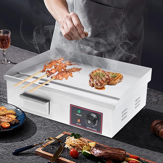 Electric Countertop Griddle Commercial BBQ Grill, Stainless Steel BBQ Flat Top Grill Hot Plate Countertop Electric Stove with Adjustable Thermostatic Control for Steak Kitchen (1.6KW)