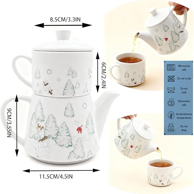Christmas Teapot Set Ceramic Tea Pot with English Breakfast Tea, 17OZ Christmas Tree Tea Kettle with Mug as Birthday & New Year Gifts for Home & Kitchen Decor (Black Tea)