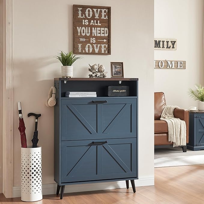 Shoe Storage Cabinet,Farmhouse Shoe Organizer with 2 Flip Drawers & Barn Door Design,Freestanding Hidden Slim Narrow Shoe Rack Cabinet with Open Storage for Entryway, Foyer,Hallway,Navy Blue