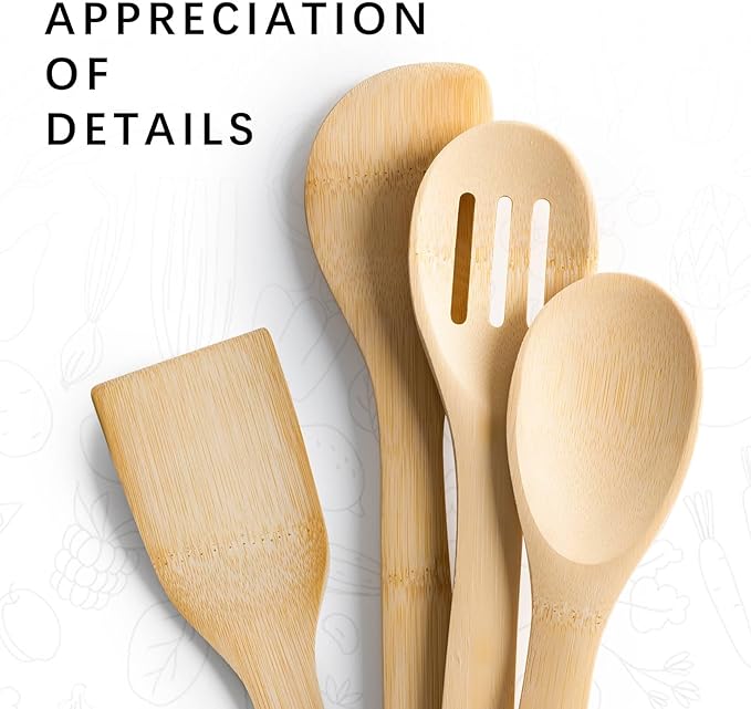 Wooden Spoons for Cooking, 4PCS Wooden Utensil Set Includes Slotted Spoon, Wooden Spoon & Wooden Spatula, Bamboo Cooking Utensils for Non-Stick Pans, Natural Bamboo Utensils