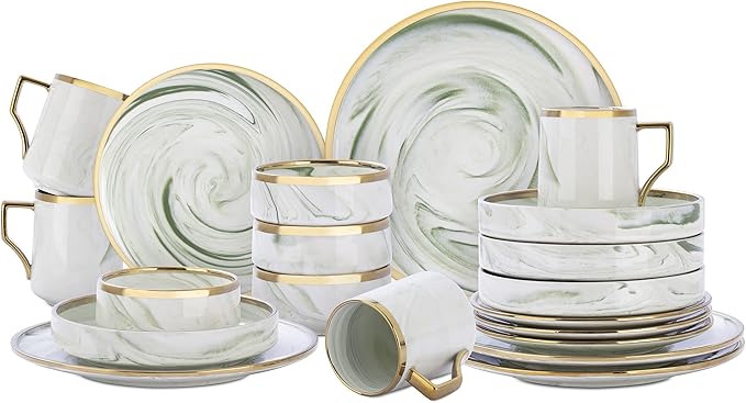 Fine China Artisan Marbled 20pc Dinner Set, Green with Gold Line