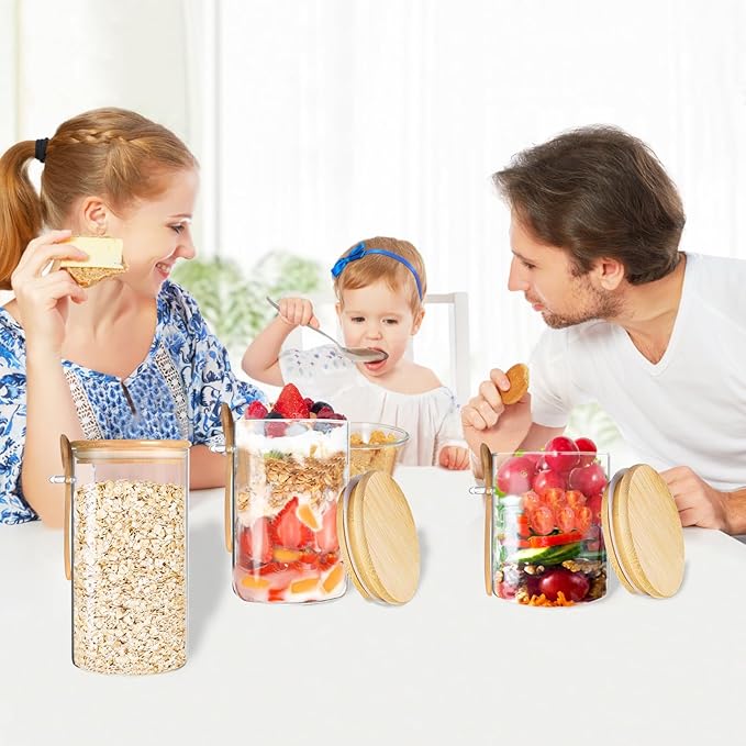 Glass Storage Containers 25oz/ 33oz/ 44oz with Bamboo Lids and Spoons, Glass Food Storage Jar with Lids, Kitchen Canisters Pantry Organizers for Cookie Tea Coffee Bean Overnight Oats (Set of 3)