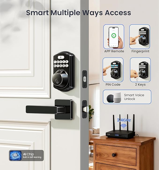 Veise VE012W-L Built-in WiFi Fingerprint Smart Lock with Lever Handle Set, App Remote Control, Keyless Entry for Front Door, Deadbolt Digital Backlit Keypad, Voice Assistant, Auto Lock, Matte Black