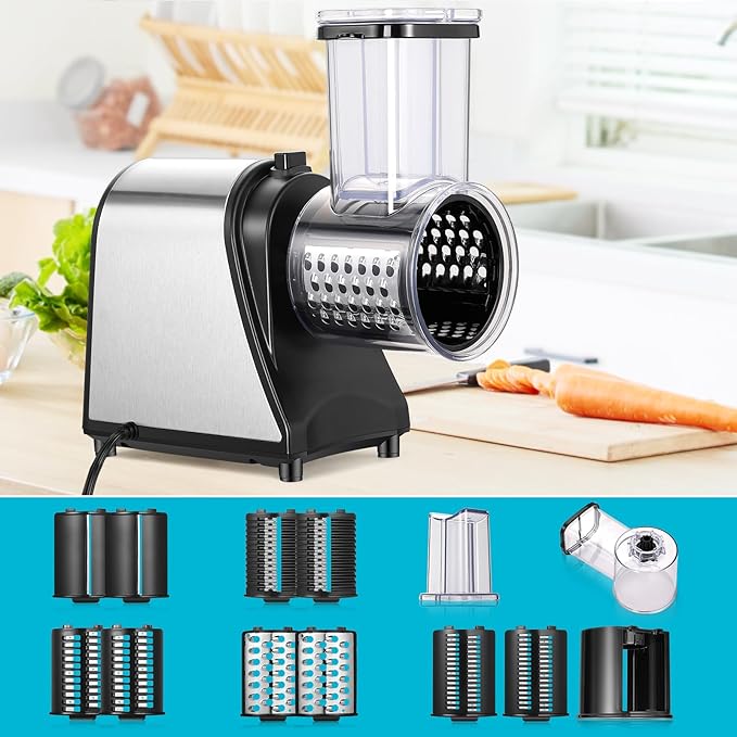 Electric Cheese Grater, 5-in-1 Vegetable Slicer & Salad Maker with Stainless Steel Blades, 250W One-Touch Electric Cheese Shredder for Block Cheese, Vegetables, Fruits and Nuts