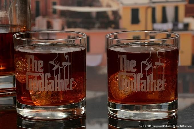 Official Godfather Etched Whiskey Glass Set - with Logo & 2 Unique Quotes - Premium Quality, Handcrafted Glassware, 11 oz. A Perfect Collectible Rocks Glass Set