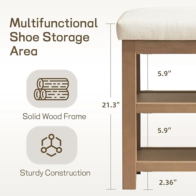 2 Tier Shoe Rack Bench with Cushion, Solid Wood Shoe Benches, Mid-Century Modern Shoe Storage Bench for Entryway, Hallway, Living Room, Closet, Front Door Entrance, (Beige, 39.4")
