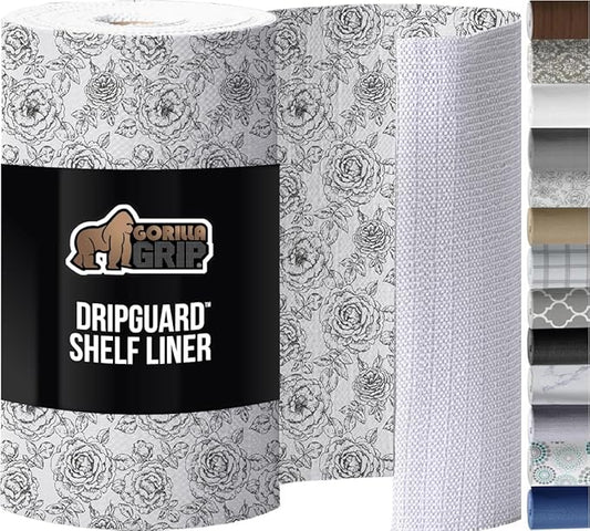 GORILLA GRIP DripGuard Shelf Liner, Non Adhesive Drawer and Kitchen Cabinet Protector, Slip Resistant BPA Free Smooth Surface Plastic Liners for Cabinets, Bathrooms, Closets, 17.5x240 Inch Floral Gray