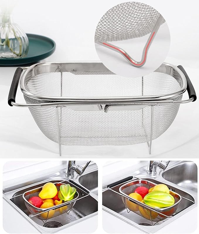 Over The Sink Colander, 4 Quarts Stainless Steel Oval Colander with Expandable Rubber Grip Handle, Fine Mesh Strainer Baskets Kitchen Colanders for Strain, Drain, Rinse Vegetable, Fruits, Black