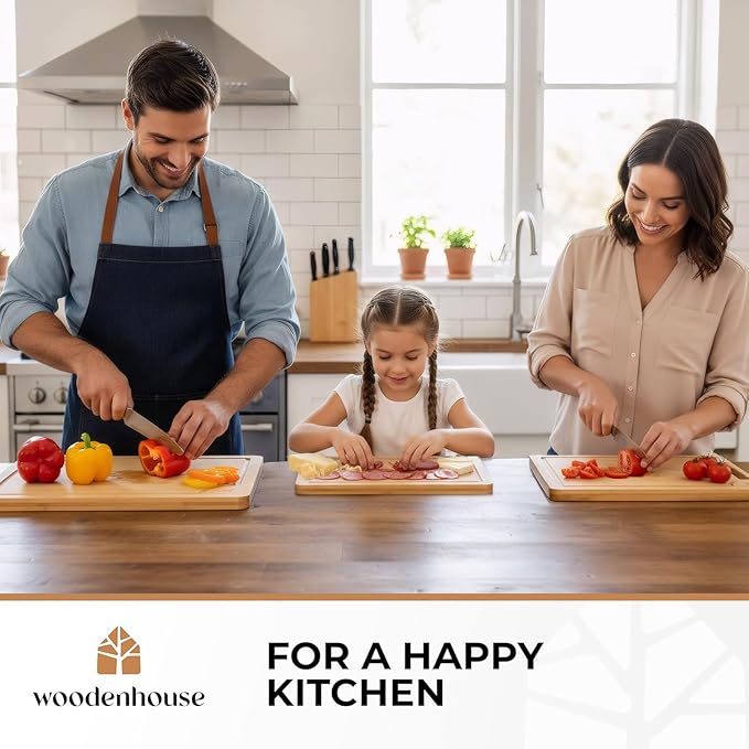 Bamboo Cutting Board Set of 3 - Thick & Durable Wood Cutting Boards with Deep Juice Grooves & Build-in Handles, Large Surface, Easy to Clean – for Meat, Vegetables and Fruits