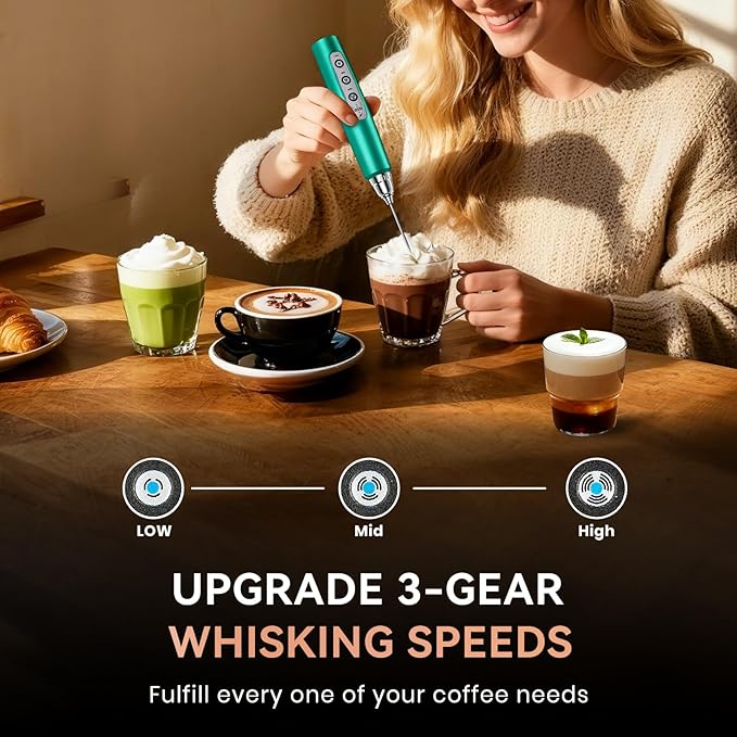 Milk Frother Handheld for Coffee, Electric Whisk 3 Speed Adjustable, Drink Mixer with Stainless 3 Whisks, Rechargeable Hand Frother Wand, Foam Maker for Latte Cappuccino Hot Chocolate Egg Green