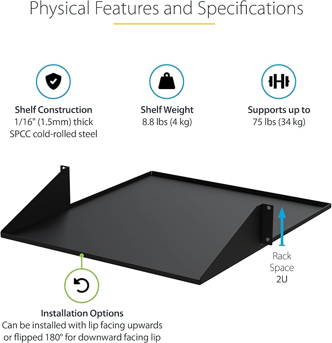 StarTech.com 2U 19" 2-Post Network Rack Cabinet Shelf - 20in Deep Center Mount Cantilever Tray Rackmount Shelf for AV/Data Equipment Enclosure w/Cage Nuts & Screws 75lb Weight Capacity (CABSHF2POST2)