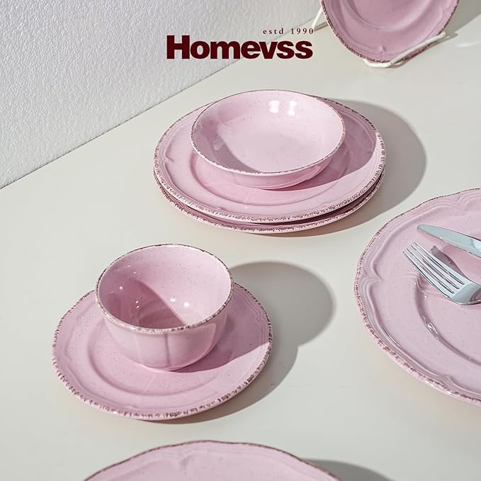 56pc Dinnerware Set, Plate and Bowl Set, Stoneware Dishes Set for 8, Microwave and Dishwahser Safe, Scratch Resistant, French Countryside Speckled Antique Pink