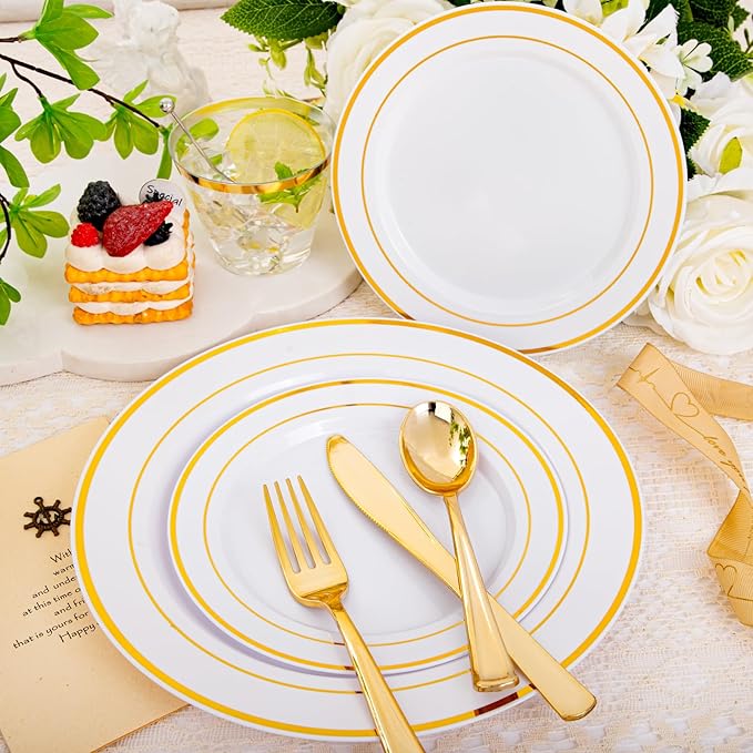 bUCLA 600Pcs White and Gold Plastic Plates - Gold Disposable Dinnerware Set for 100 Guests Include 100 Dinner & 100 Dessert Plates, 100 Cups, 100 Forks, 100 Spoons, 100 Knives for Party