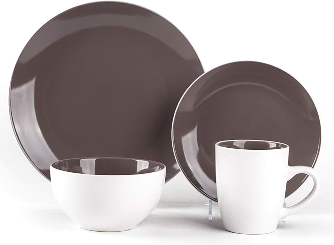 Stoneware Coupe Shape 16pc Dinnerware Set, Outside White + InsideTaupe