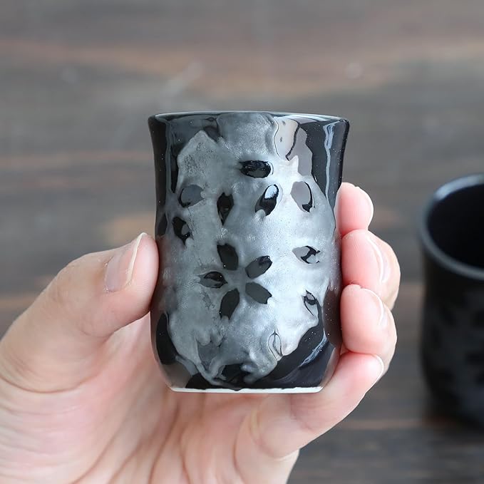 Asayu Japan Japanese Sake Set, Sakura Cherry Blossom Design, 1 Tokkuri Bottle with 2 Ceramic Cups, Black, Made in Japan Pottery