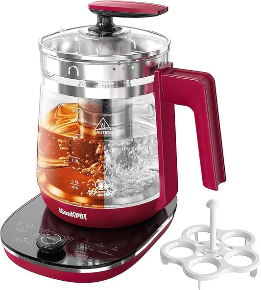 Electric Kettle, 1.5L Borosilicate Glass Hot Water Kettle Electric & Tea Kettle for Coffee or Tea, BPA Free, Auto Shut-Off, Stainless Steel, Red, 1200w